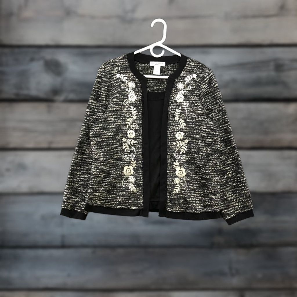 Vintage Rebecca Malone Tweed Jacket Blazer Top Womens MP Black Floral Beaded Embroidered Built In Top Petite PM NWT Modern Classic Jacket Size M / US 6-8 / IT 42-44 - 1 Thumbnail