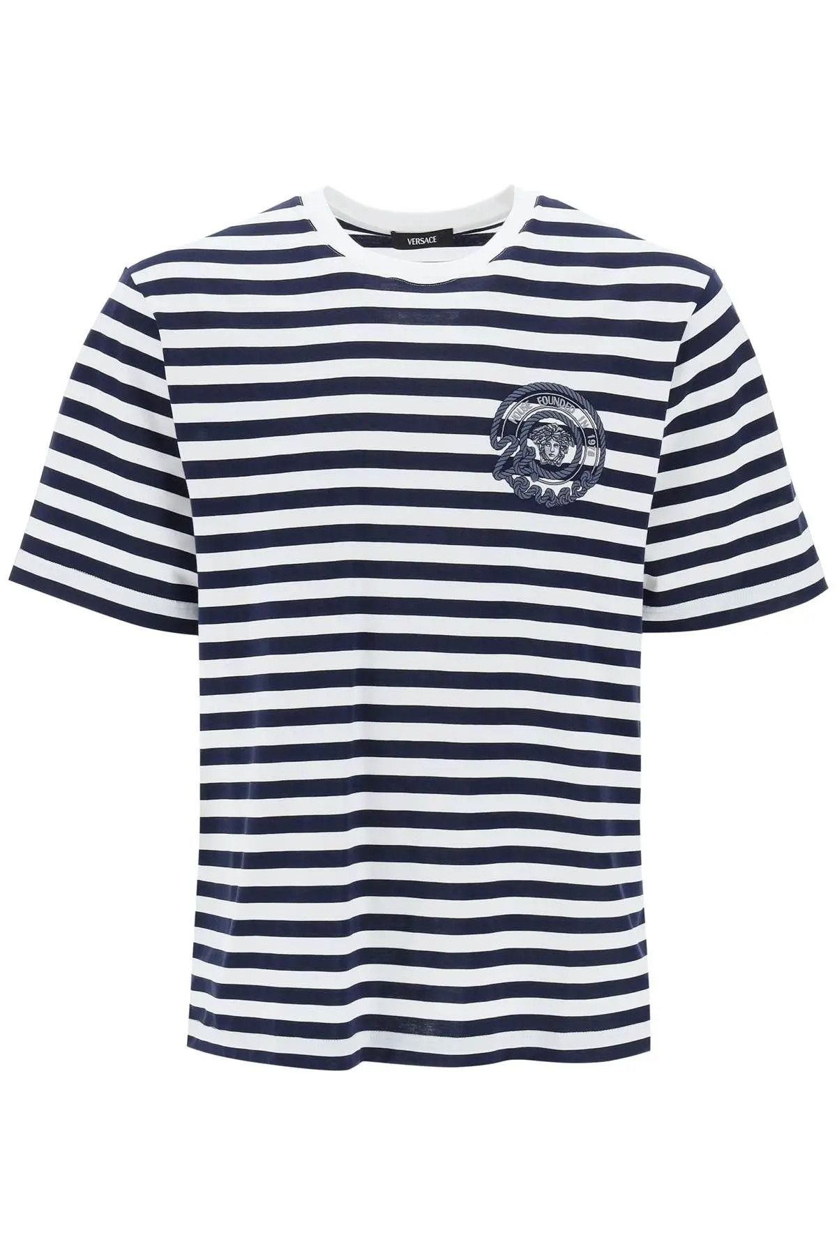 Image of Versace O1S22I1N0124 Nautical Stripe T-Shirt In White Blue, Men's (Size XL)