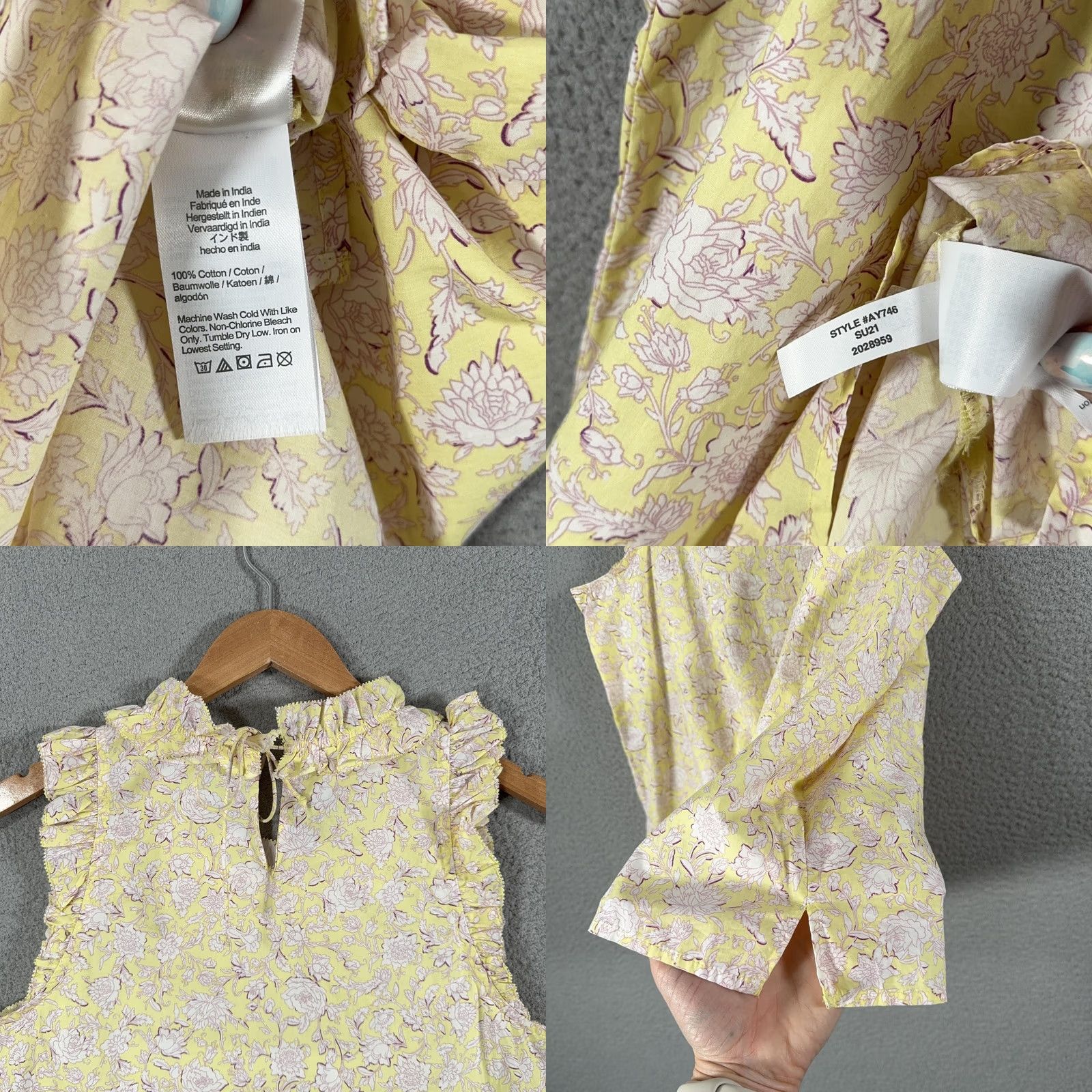 J.Crew J.CREW Blouse Women's Medium Sleeveless Floral Ruffle Neck Yellow Cotton Top Size M / US 6-8 / IT 42-44 - 8 Thumbnail