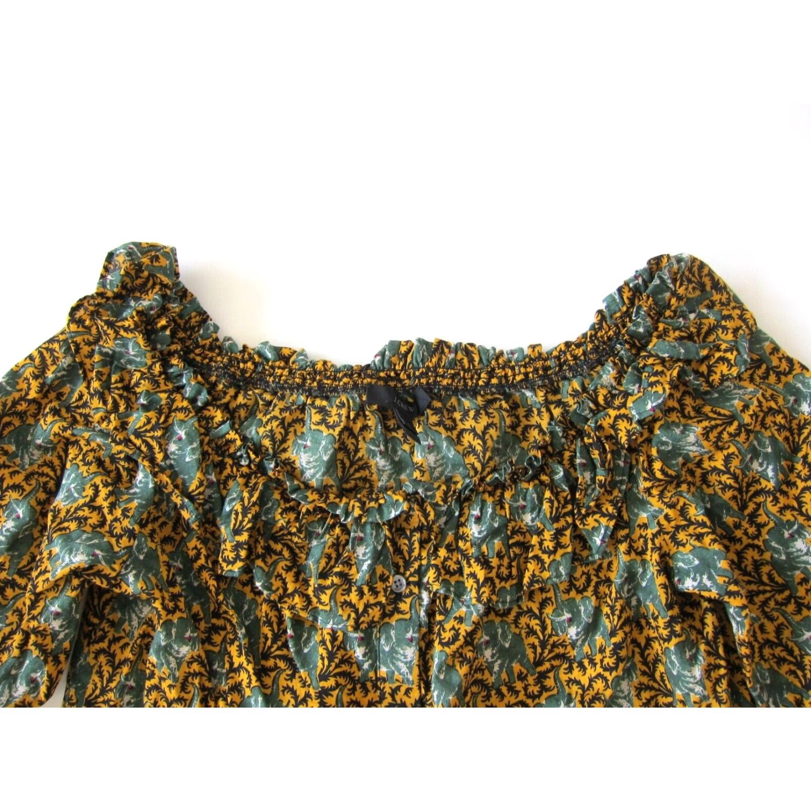 J.Crew J.Crew 100% Cotton Green Yellow Elephant Button Down Off Shoulder Blouse 6 Size M / US 6-8 / IT 42-44 - 3 Thumbnail