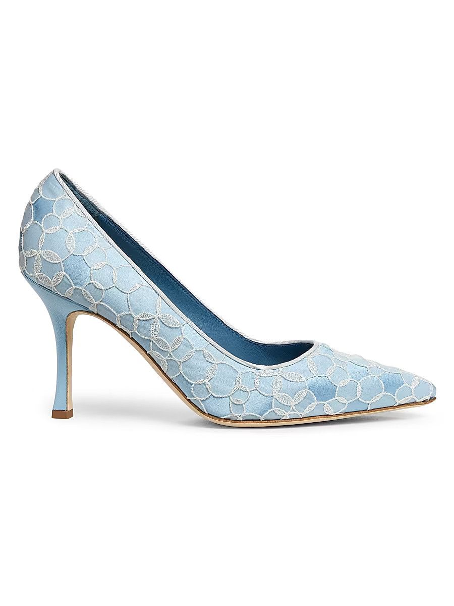 Manolo Blahnik os11x0326 Neliraval Gala 90mm Embroidered Satin Pumps Blue Size US 7.5 / IT 37.5 - 1 Thumbnail