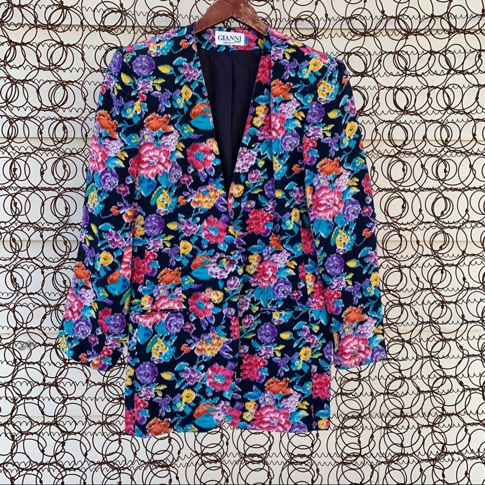 80s Gianni multicolor black floral silk single button blazer