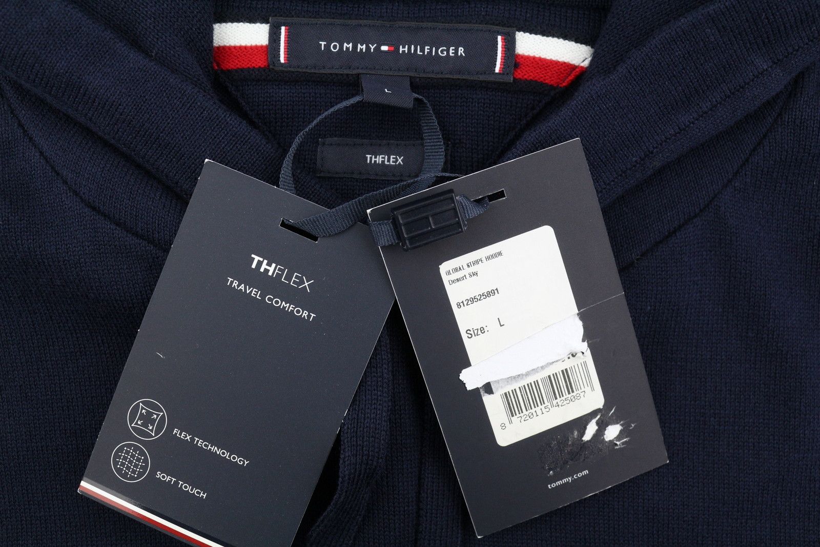 Tommy Hilfiger THFLEX GLOBAL STRIPE L Navy Hooded Knit Jumper 87389 Size US L / EU 52-54 / 3 - 6 Thumbnail