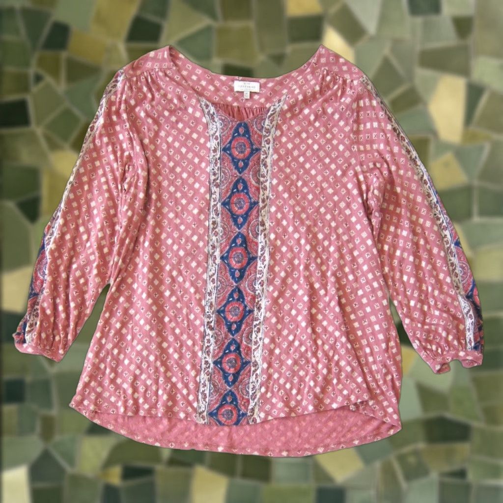 Lucky Brand Lucky Brand Tunic Women 1X Pink Blue Floral Cotton Stretch Long Sleeve Blouse Size XL / US 12-14 / IT 48-50 - 1 Thumbnail