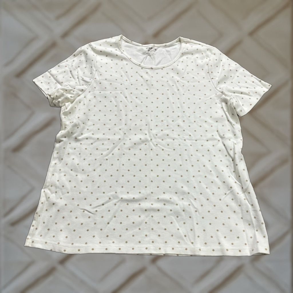 Vintage White Stag T-Shirt Women 2XL White Polka Dot Crew Neck Short Sleeve Knit Cotton Casual Top Breathable Easy Care Machine Washable Womens Size XXL / US 16-18 / IT 52-54 - 1 Thumbnail