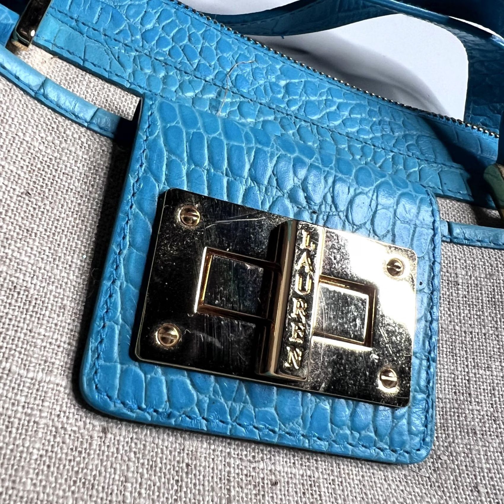 Ralph Lauren VINTAGE Lauren Ralph Lauren Shoulder Bag Womens Small Blue Canvas Croc Faux Leather Zip Size ONE SIZE - 3 Thumbnail