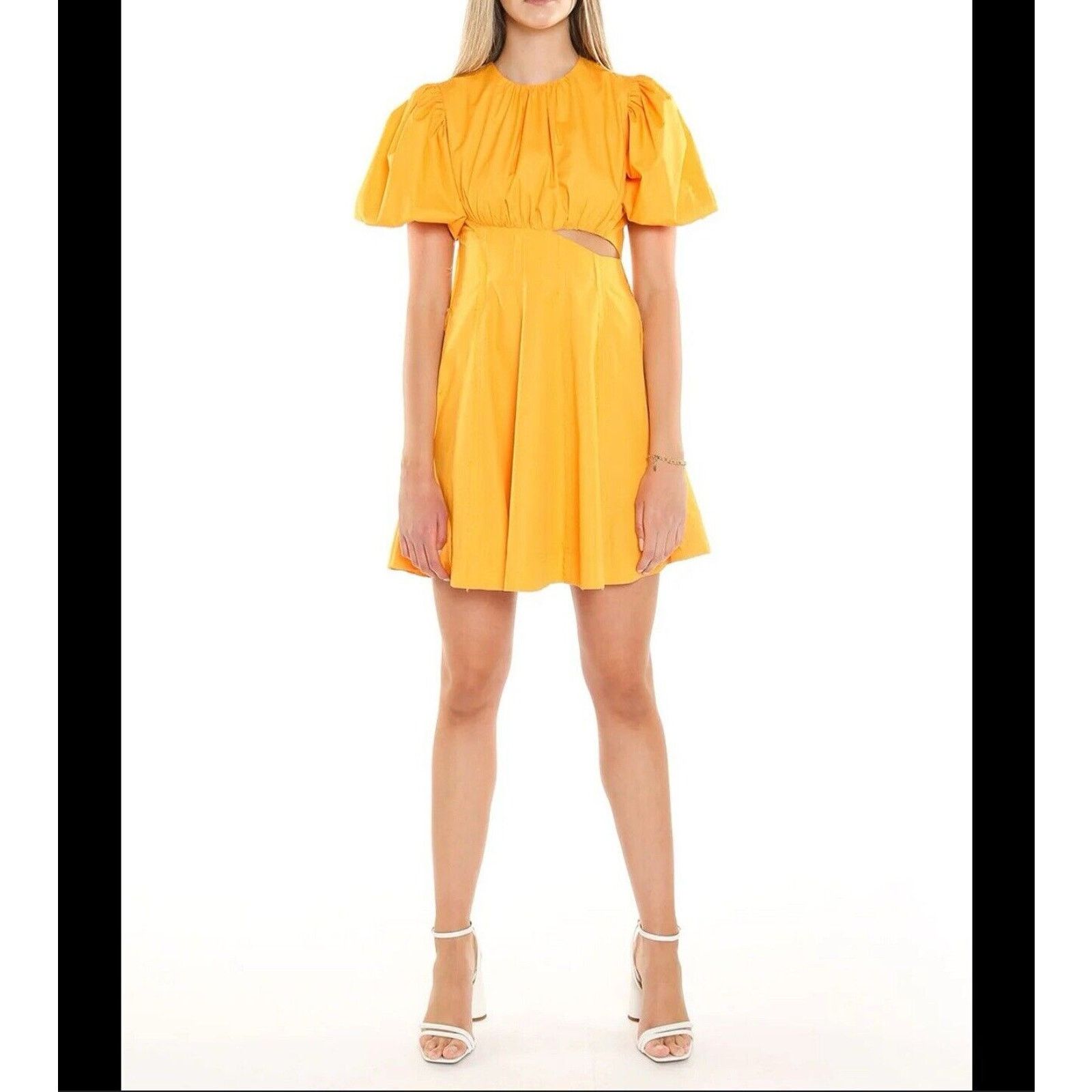 Designer NWT Beulah Yellow Puff Sleeve Cut Out Mini Dress Large Size L / US 10 / IT 46 - 2 Thumbnail