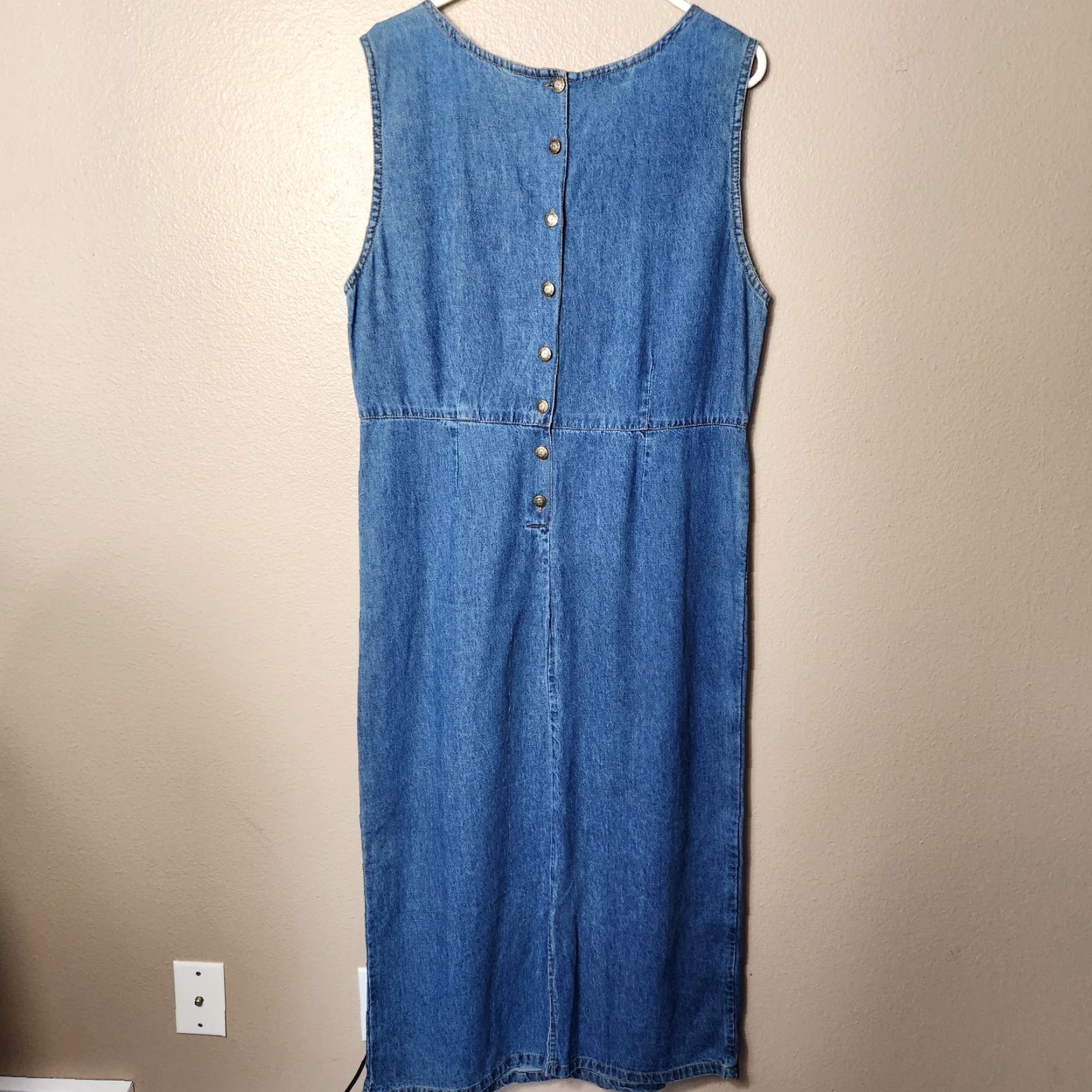 Denime VINTAGE Jane Ashley Denim Pinafore Overall Maxi Dress-Size M Blue Embroidered Floral 90s Womens Size 32" / US 10 / IT 46 - 4 Thumbnail
