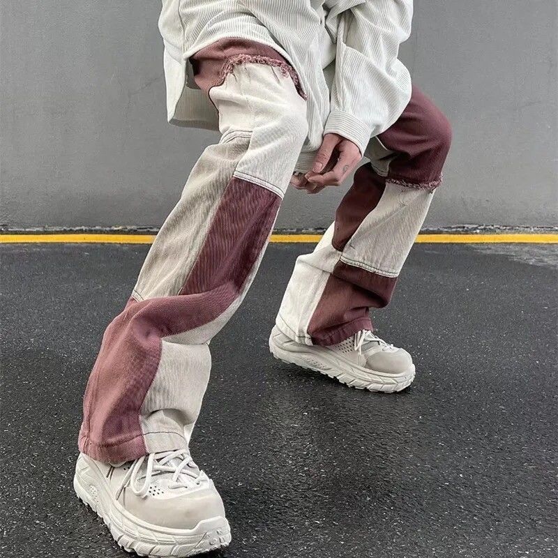 image of Y2K Patchwork Grunge Baggy Trousers Jeans Streetwear in Cream/Red, Men's (Size 32)