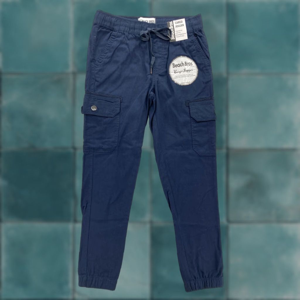 Vintage VINTAGE Beach Bros Cargo Jogger Pants Mens Small Navy Blue Tapered Drawstring Cotton NWT Size US 29 - 1 Thumbnail