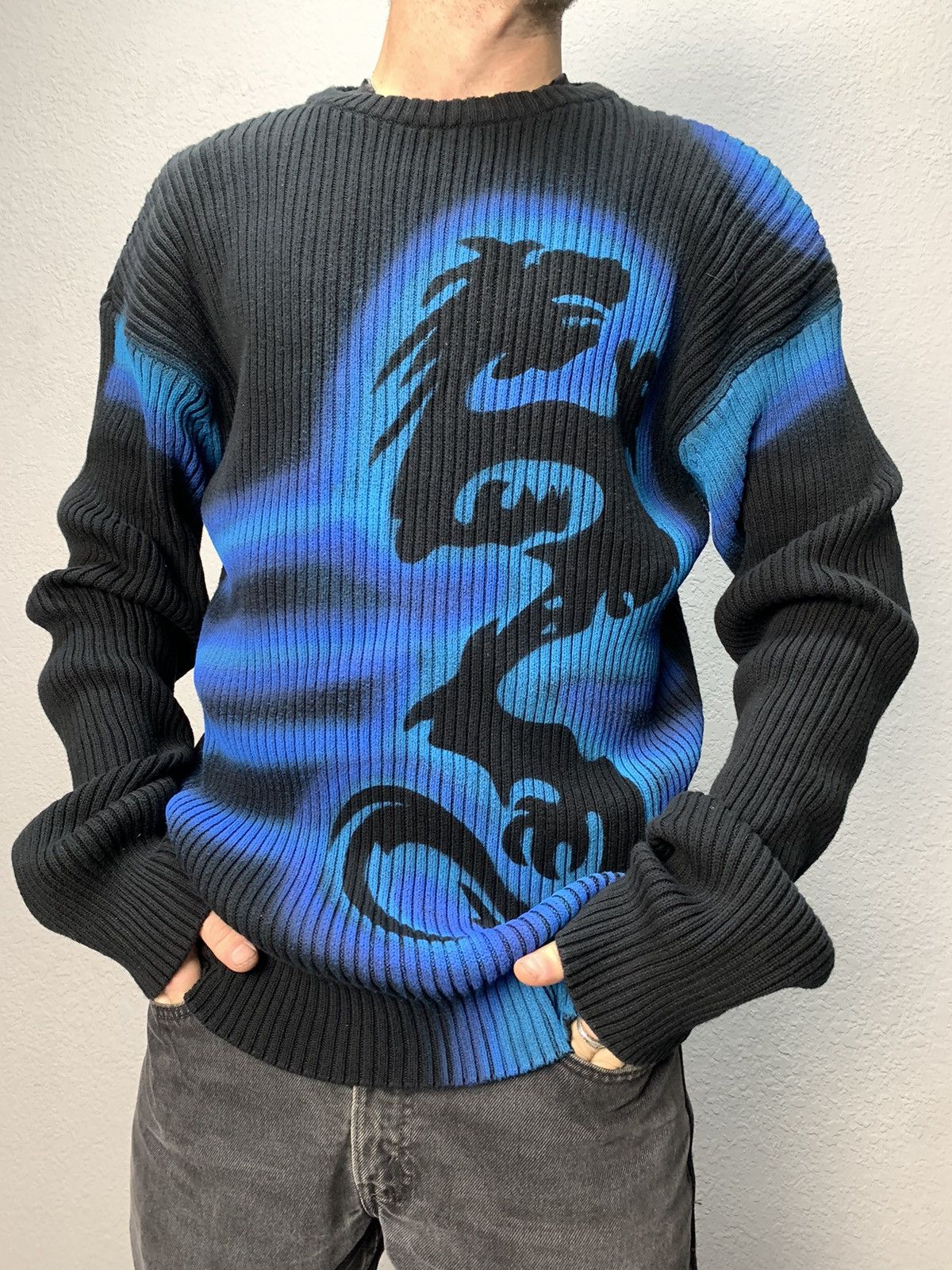 image of Diesel x Vintage Sweater Dragon Gothic Distressed Faded Effect VTG in Grey, Men's (Size Medium)