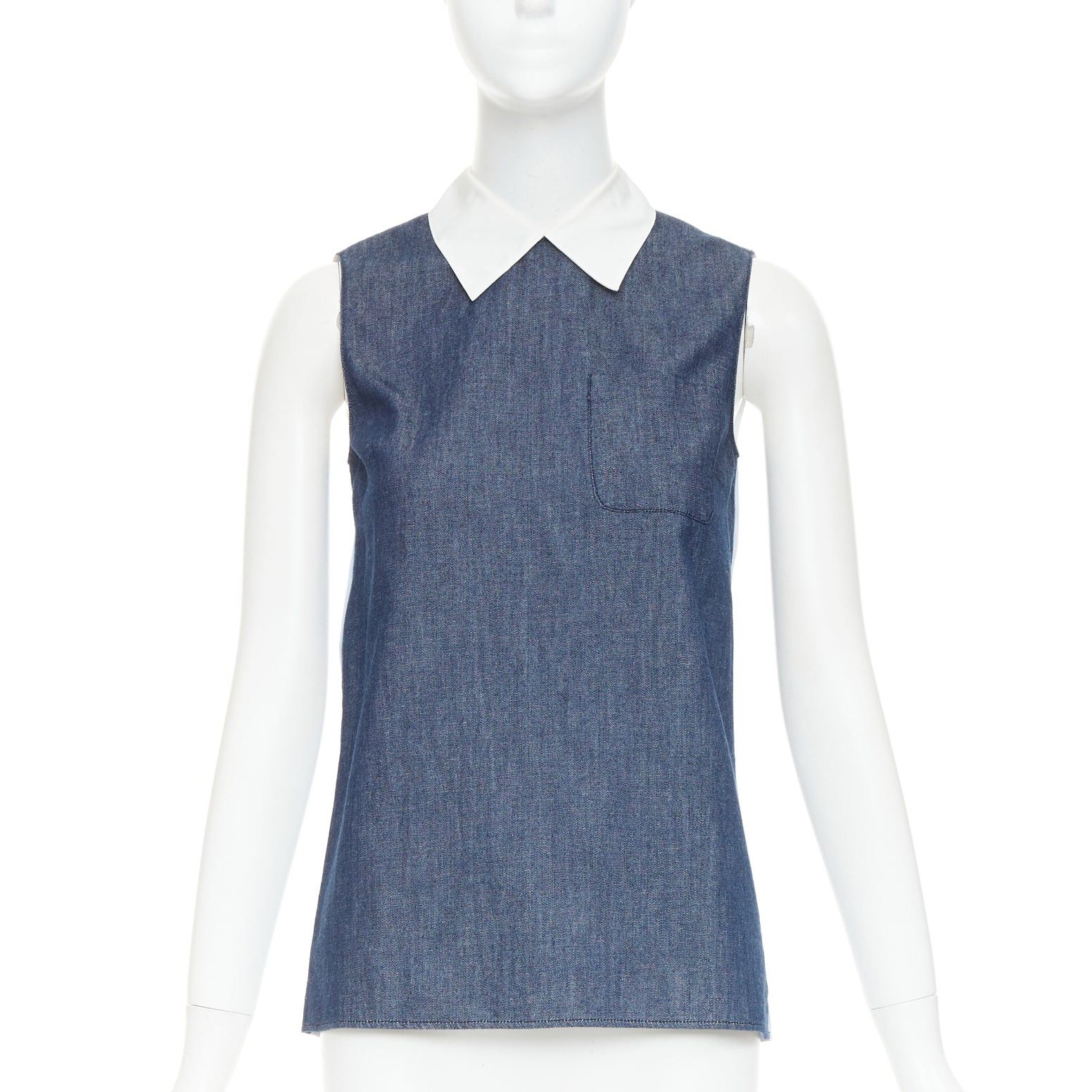 Miu Miu MIU MIU 2015 blue denim patchwork white collar pocket tunic shirt top IT38 XS Size XS / US 0-2 / IT 36-38 - 1 Thumbnail