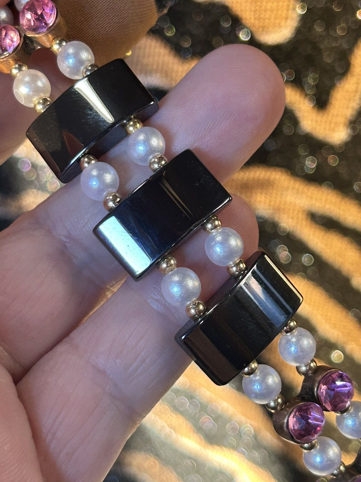 Handmade Handcrafted vintage hematite glass crystal pearl bracelet Size ONE SIZE - 6 Thumbnail