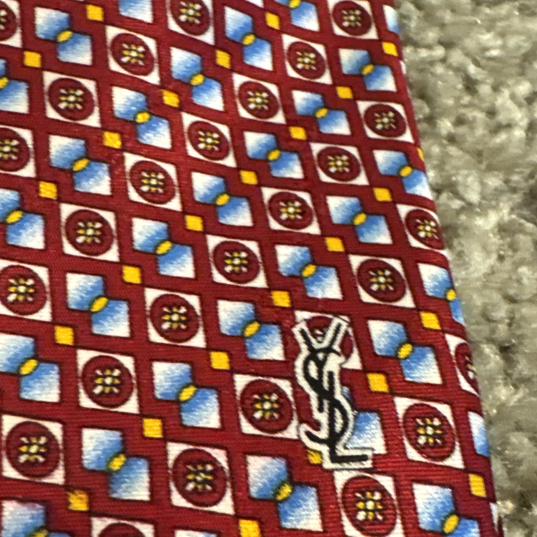 Yves Saint Laurent VINTAGE Yves Saint Laurent Silk Red Blue Gold Geometric Neck Tie Men Tie Red Geometric Gold Silk Saint Laurent Mens Size ONE SIZE - 2 Thumbnail