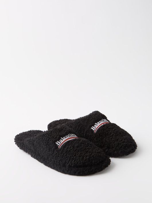 image of Balenciaga Shearling Fleece Logo Slippers in Black, Men's (Size 12)