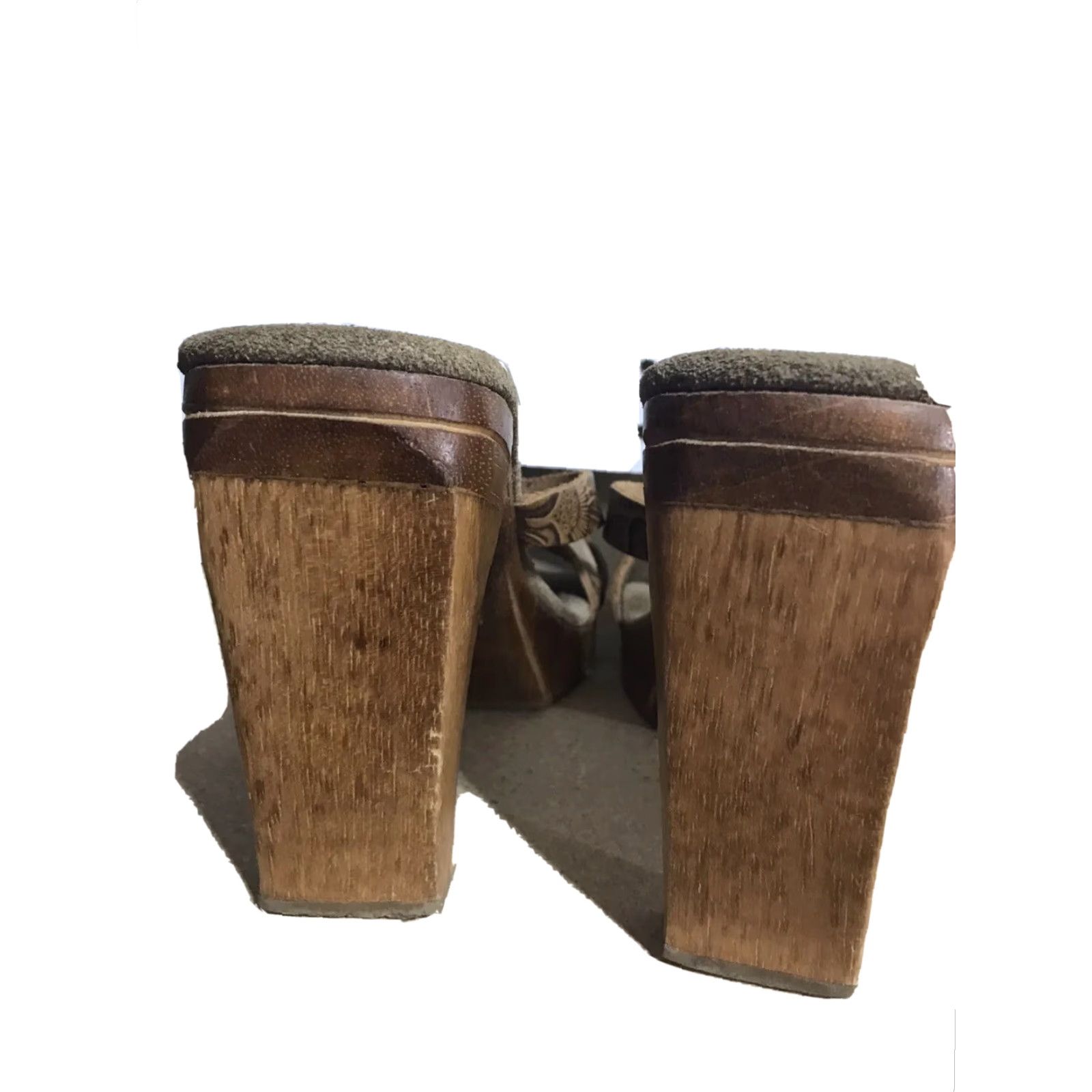 Vintage VINTAGE Journeys Brown Leather/Wood Platform Heels Womens Size 7.5 Open Toe Ultra High Block Size US 8 / IT 38 - 3 Thumbnail