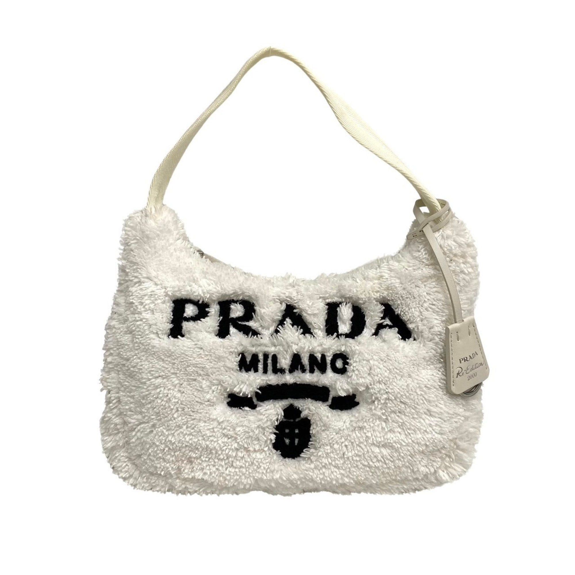 image of Prada Triangle Logo Metal Fittings Terry Mini Bag Pile Nylon Handbag Tote White, Women's