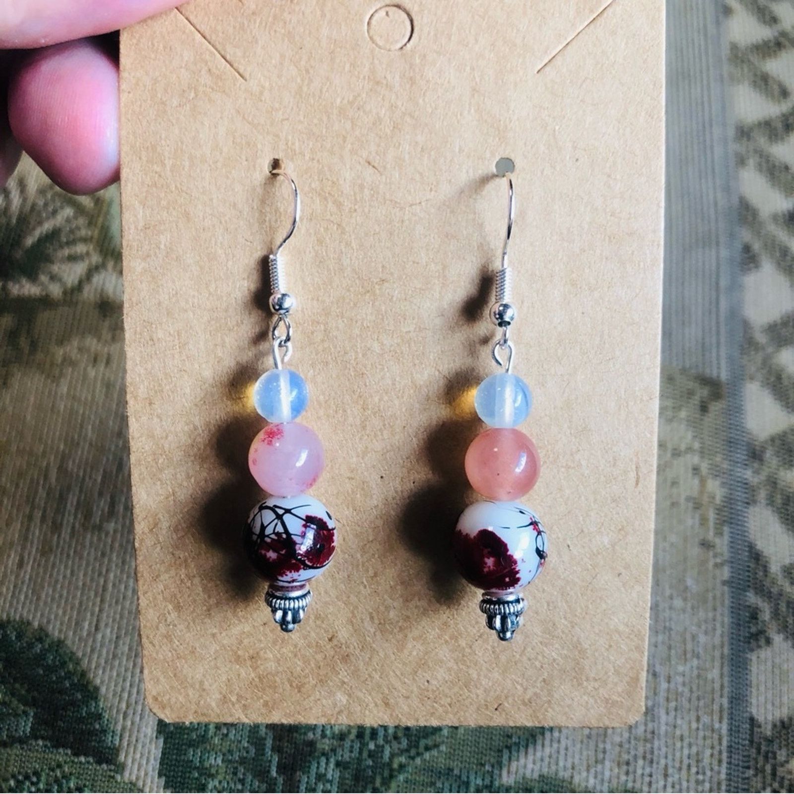 Other Handcrafted art glass genuine stone agate opalite earrings Size ONE SIZE - 2 Thumbnail