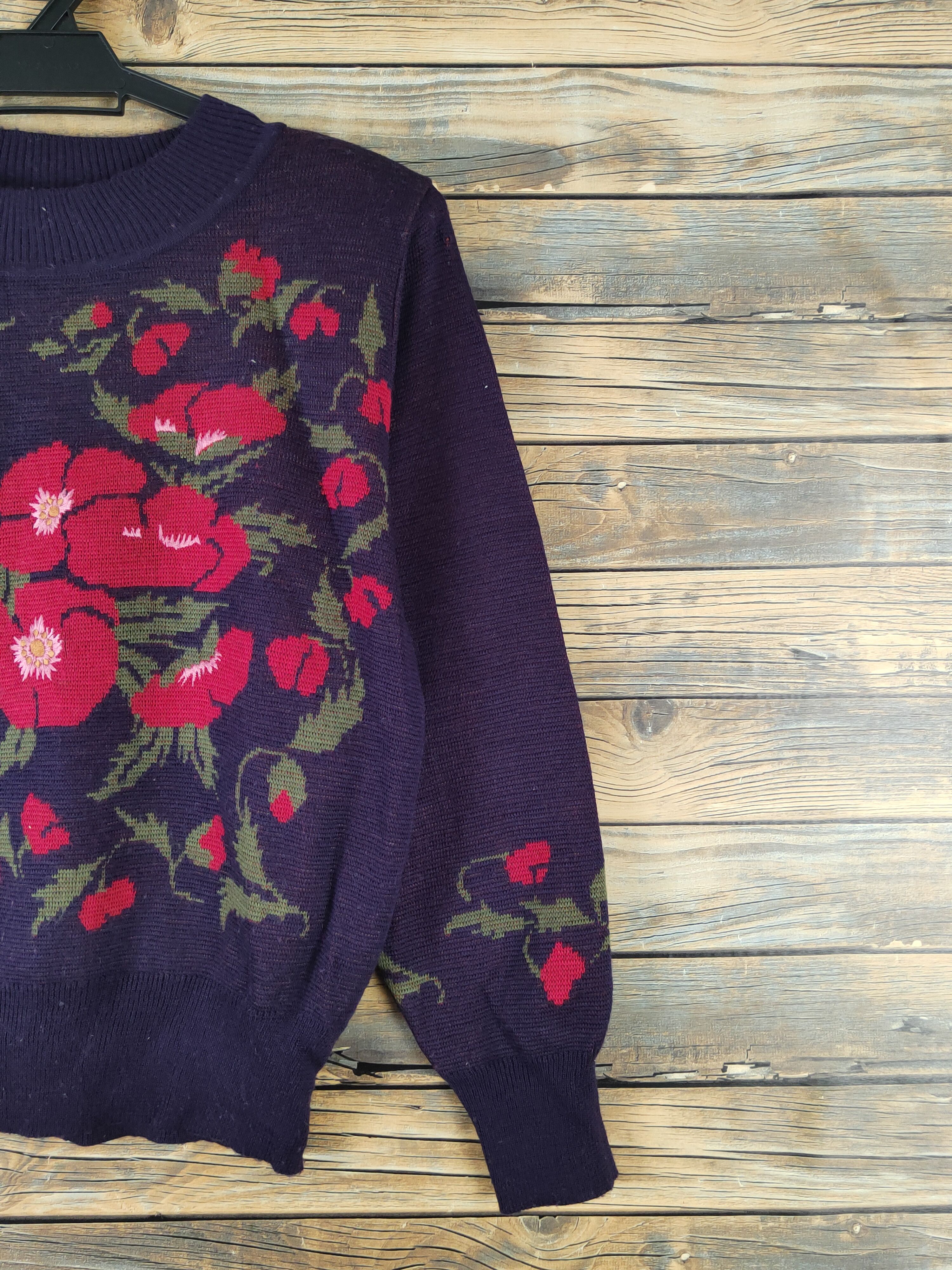 Vintage Cadorna Dark Purple Flowers Knitwear Sweatshirts #W1542 Size M / US 6-8 / IT 42-44 - 5 Thumbnail