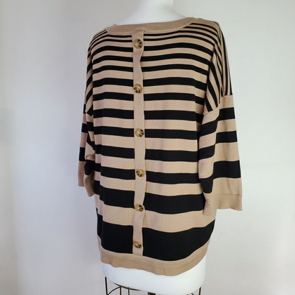 Other Cable & Gauge Size 1X Sweater 3/4 Sleeve Stripe Button Scoop Size XL / US 12-14 / IT 48-50 - 4 Thumbnail