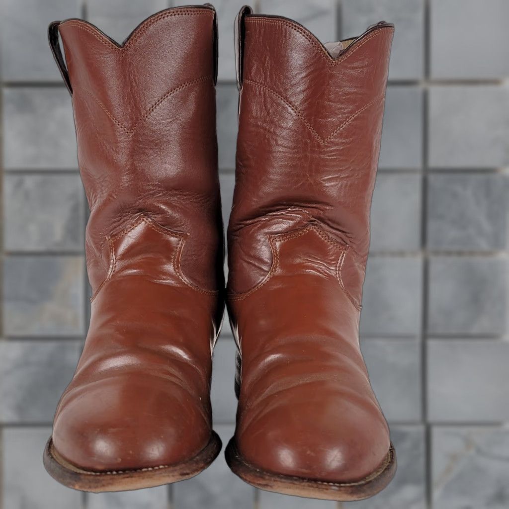 Justin Boots Justin Boots Western Boots Men 9.5 EE Brown Round Toe Pull On Mid-Calf Leather Lining Leather Insole Cowboy Western Style Vintage No Size US 10 / EU 43 - 1 Thumbnail