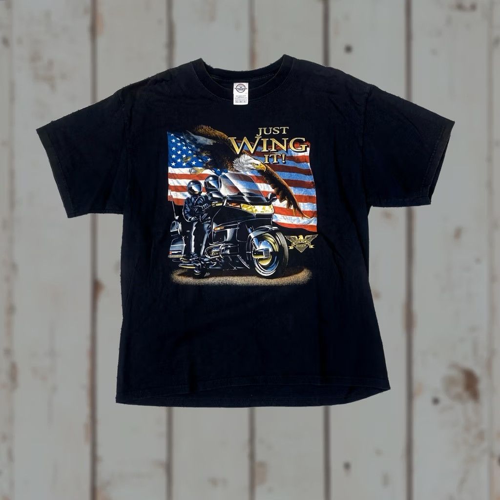Delta VINTAGE 90s Motorcycle American Biker Flag T-Shirt XL Black Mens Crew Neck Short Sleeve USA Made Delta Size US XL / EU 56 / 4 - 1 Thumbnail