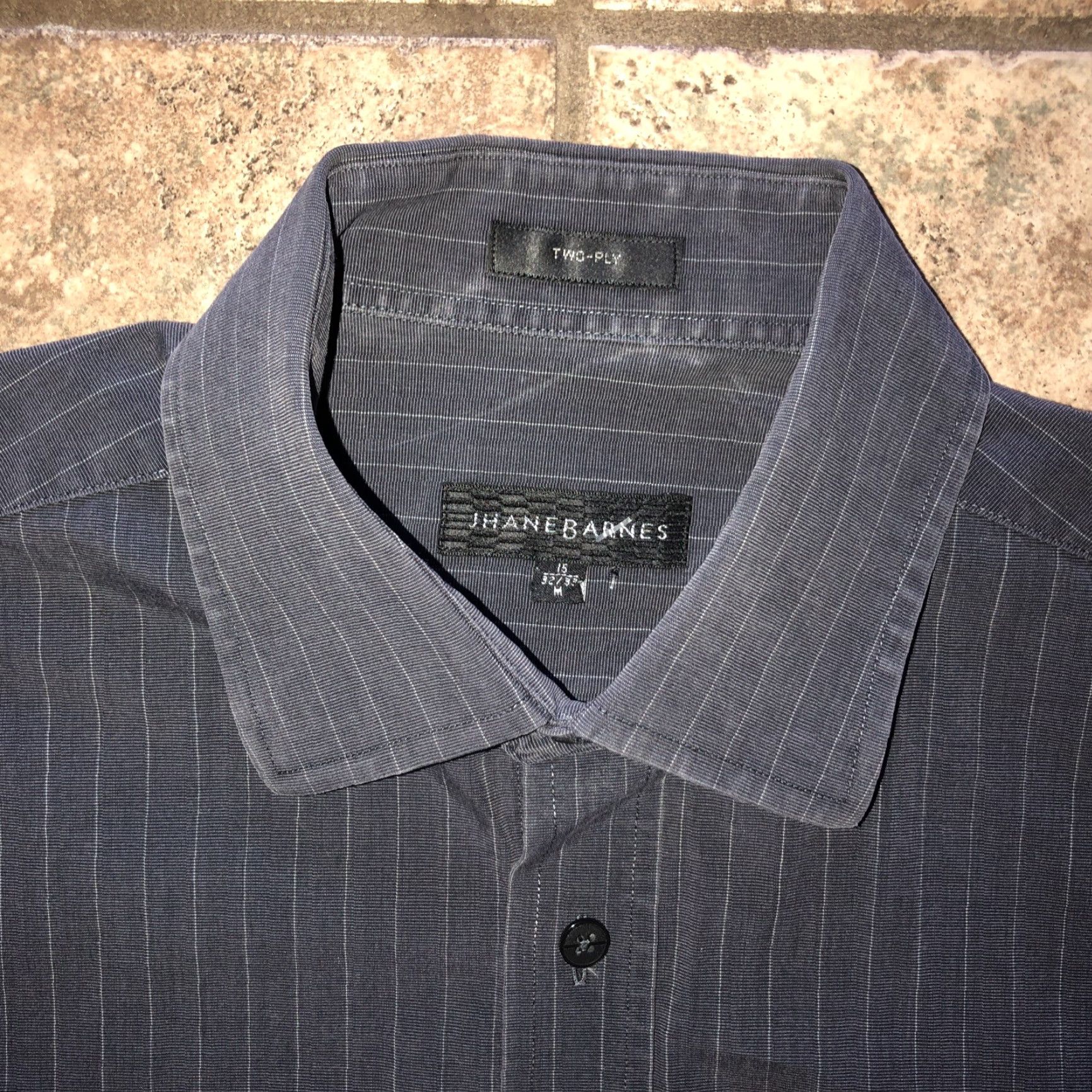 Vintage JHANE BARNES Dress Shirt Mens 15 Striped Gray Two Ply Long Sleeve Regular Size 15 Size 40R - 2 Thumbnail