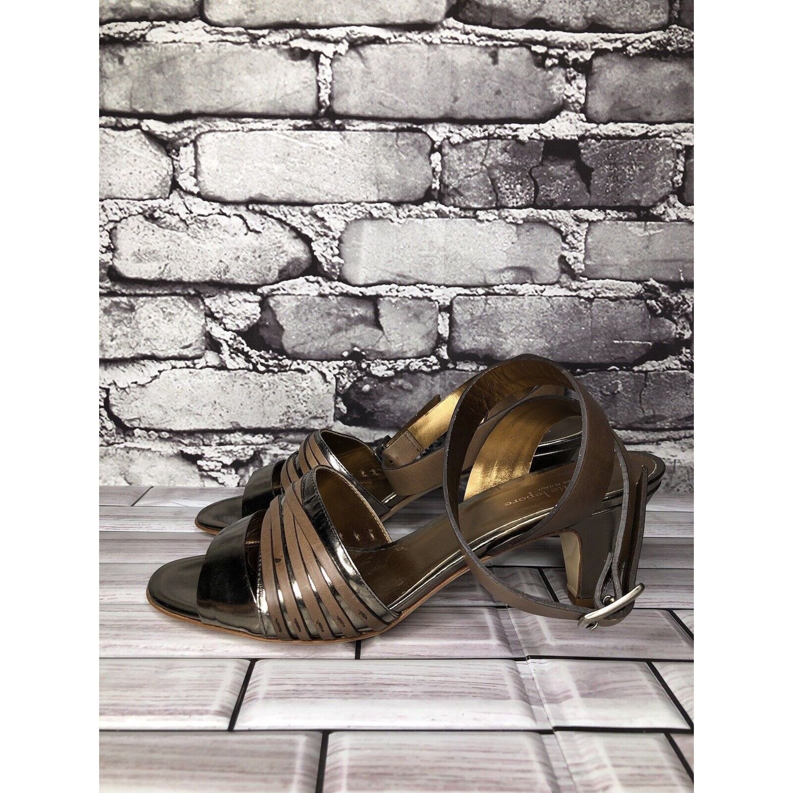 Other Nanette Lepore Silver Patent Brown Leather Ankle Straps Heel Size US 7.5 / IT 37.5 - 6 Thumbnail