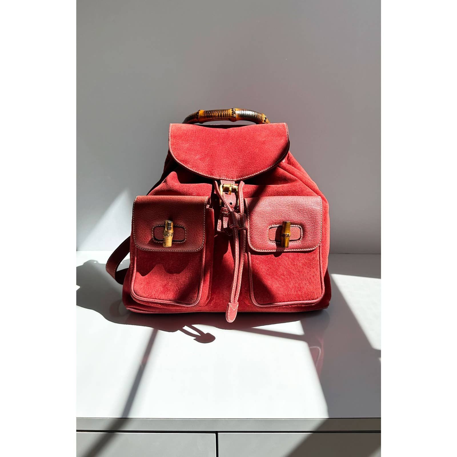GUCCI Coral Red Suede & Leather Bamboo Handle Backpack