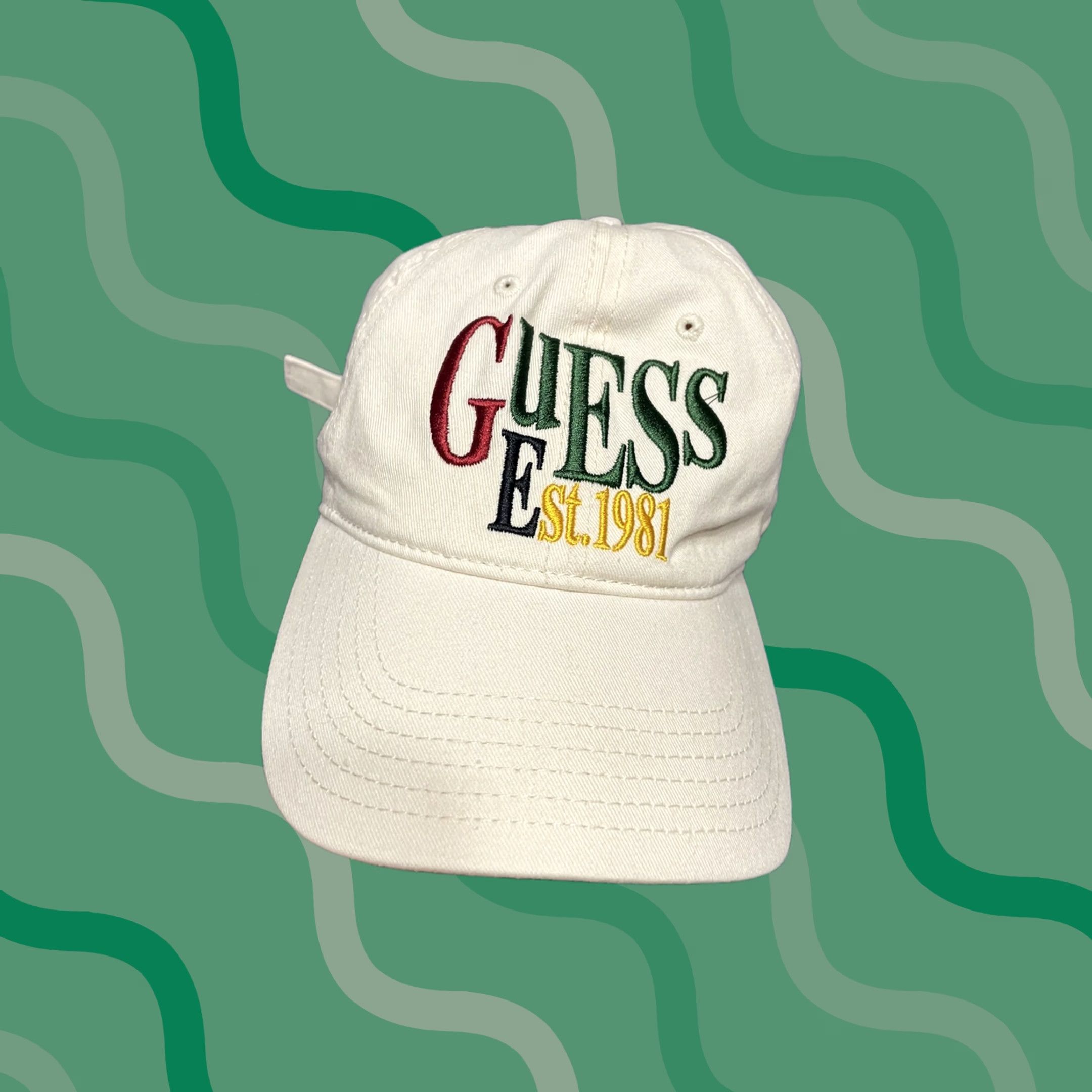 Guess VINTAGE GUESS Hat Cap Strap Back White Green Spell Out Logo Casual Mens 90s Adjustable White Cap Mens Size ONE SIZE - 1 Thumbnail