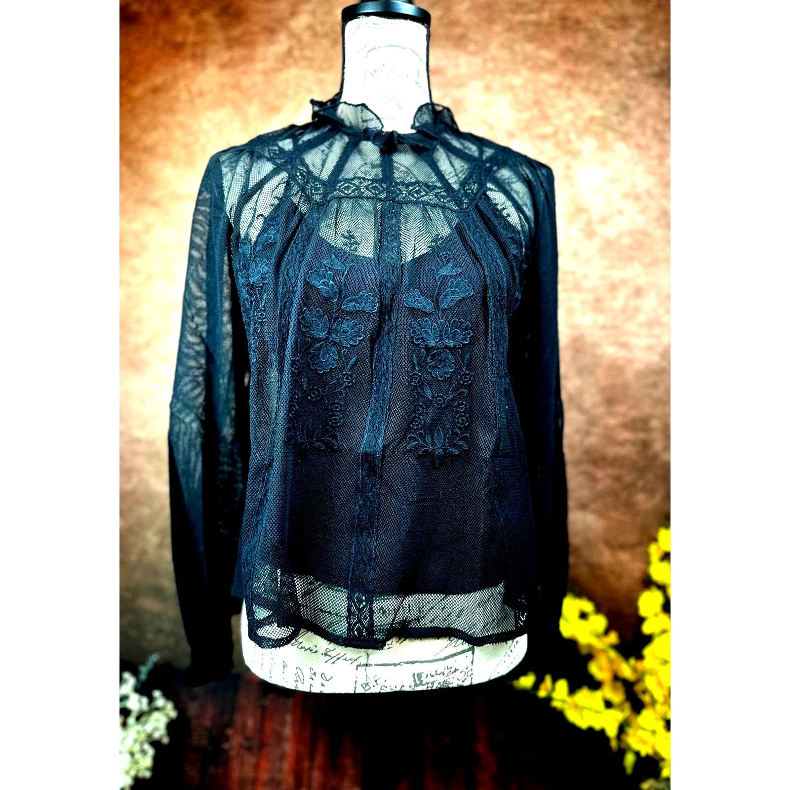 Other St Roche Lace Embroidered Ruffle Neck Flores Top Black 2 Size XS / US 0-2 / IT 36-38 - 6 Thumbnail