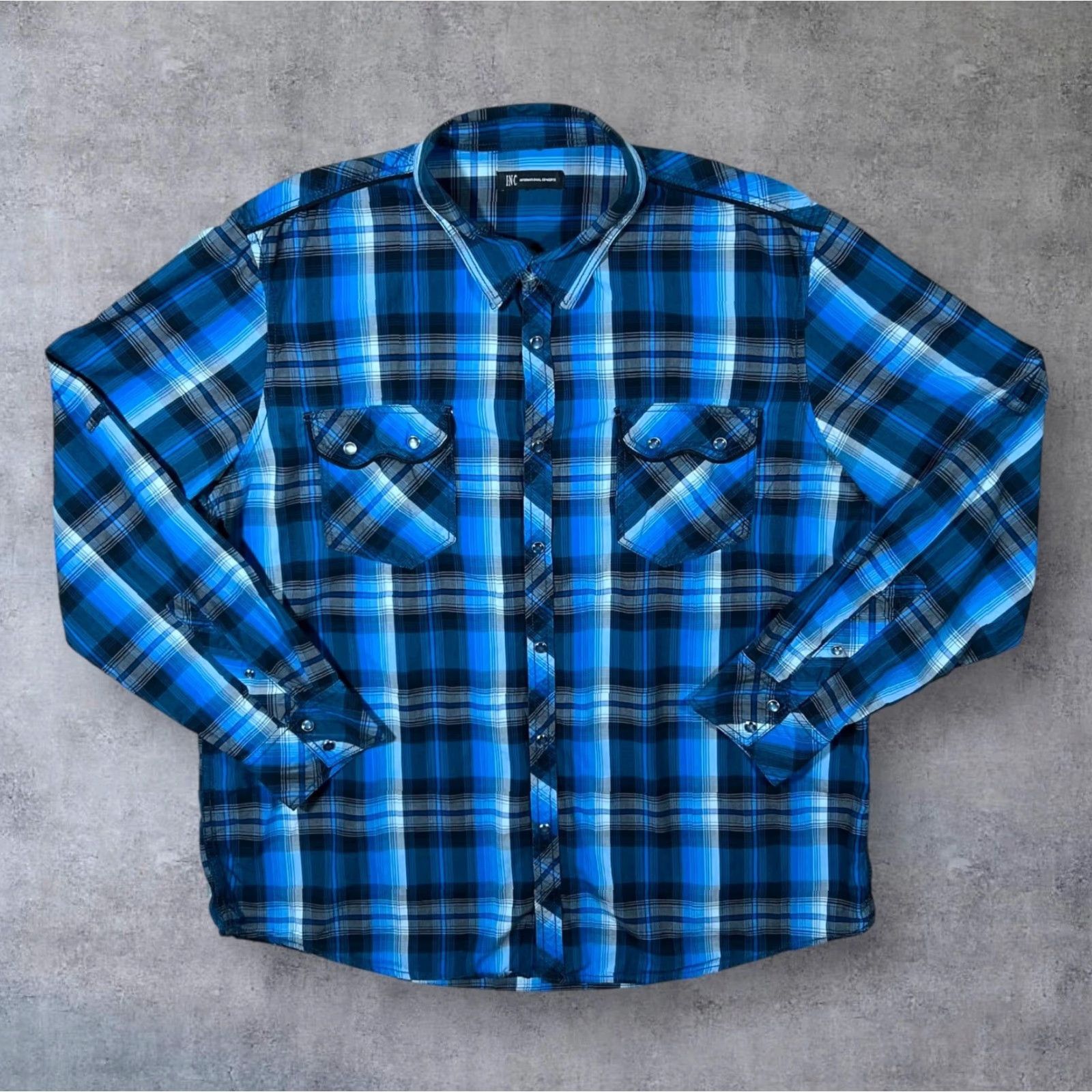 Vintage INC International Concepts Blue Black Check Western Popper Long Sleeve Shirt XXL Mens Shirt Button-Up Plaid Cotton 2XL Size US XXL / EU 58 / 5 - 2 Thumbnail