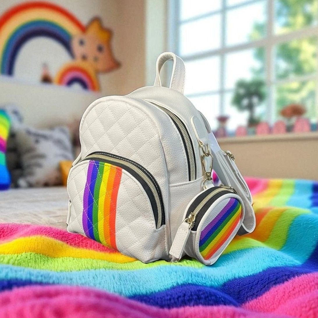 Other Claire's White Mini Backpack and Coin Purse with Rainbows Size ONE SIZE - 1 Thumbnail