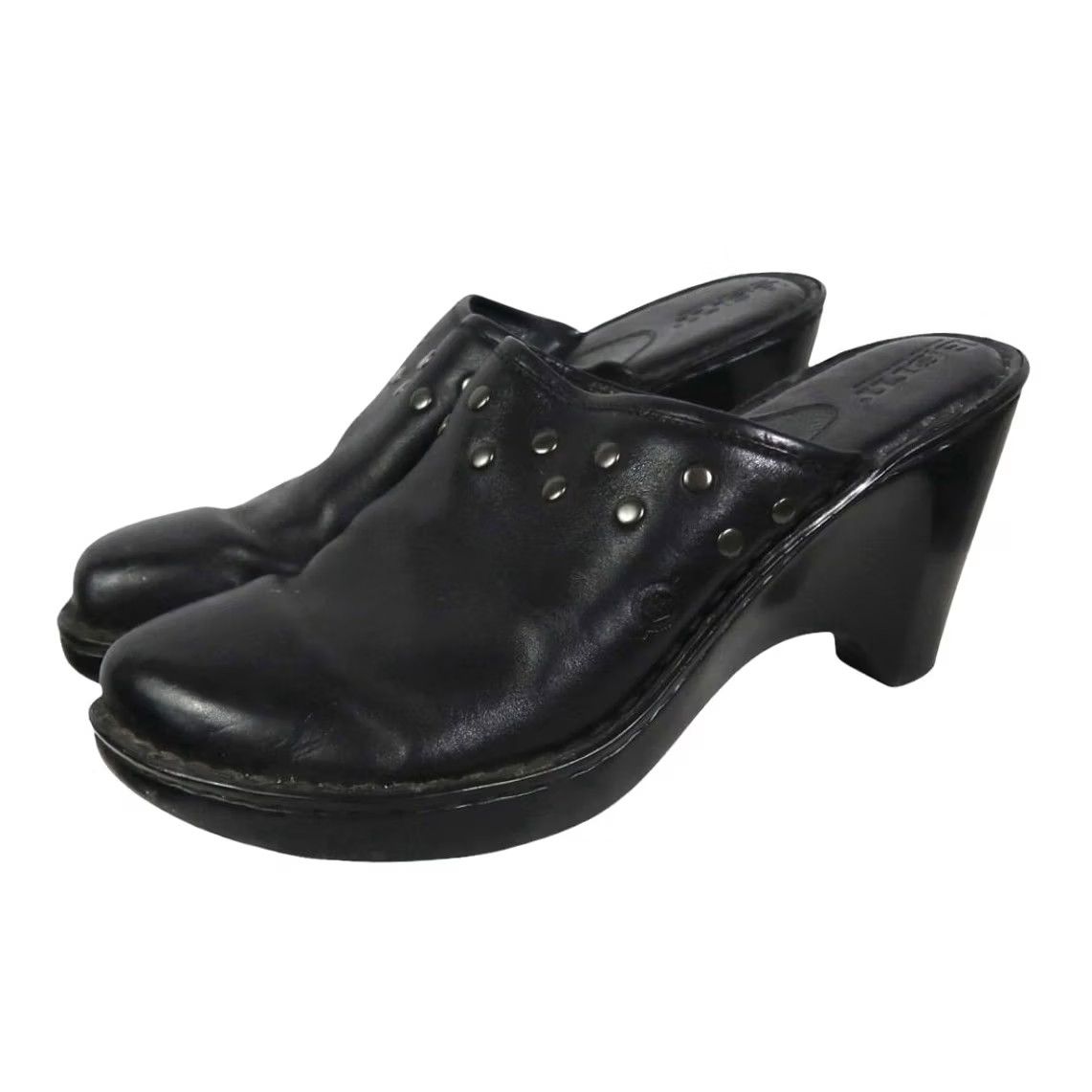 Born Born Black Leather Studded Wedge Heel Mule Clogs Women 8 Studded Bohemian Casual High Heel Spring Fall Shoes Size US 8 / IT 38 - 4 Thumbnail