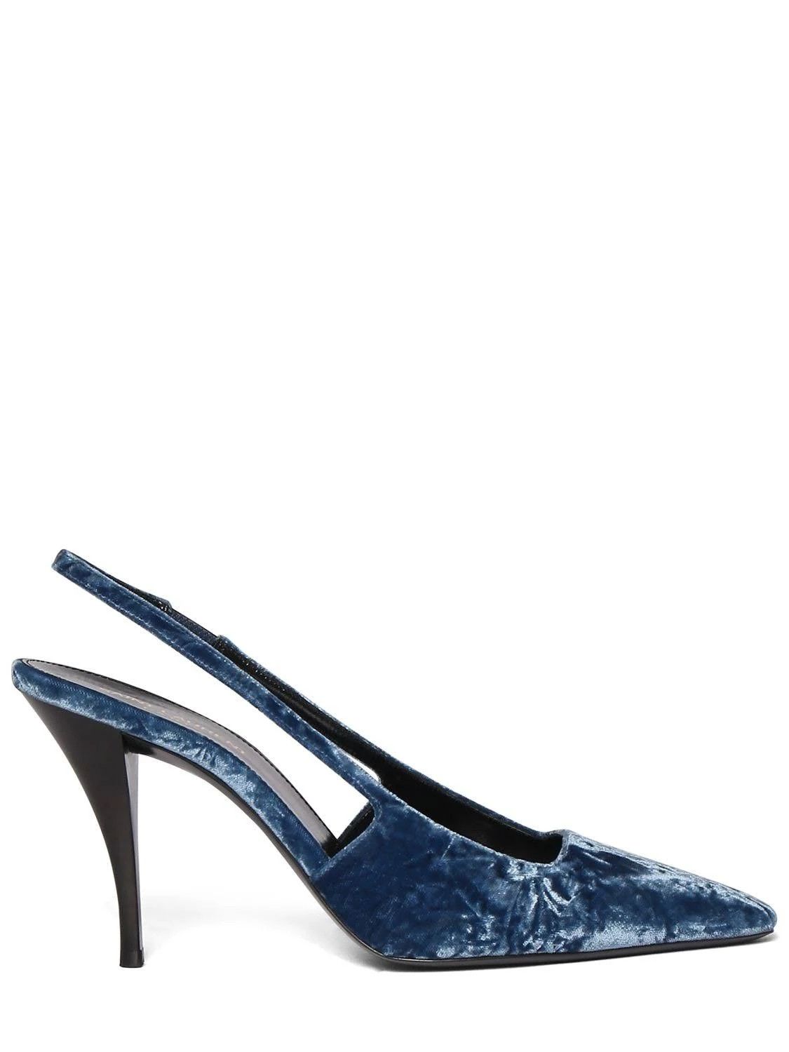 image of Saint Laurent Paris Oc11Z10524 Blade Slingback Pumps In Velvet In Blue Shoes, Women's (Size 8)