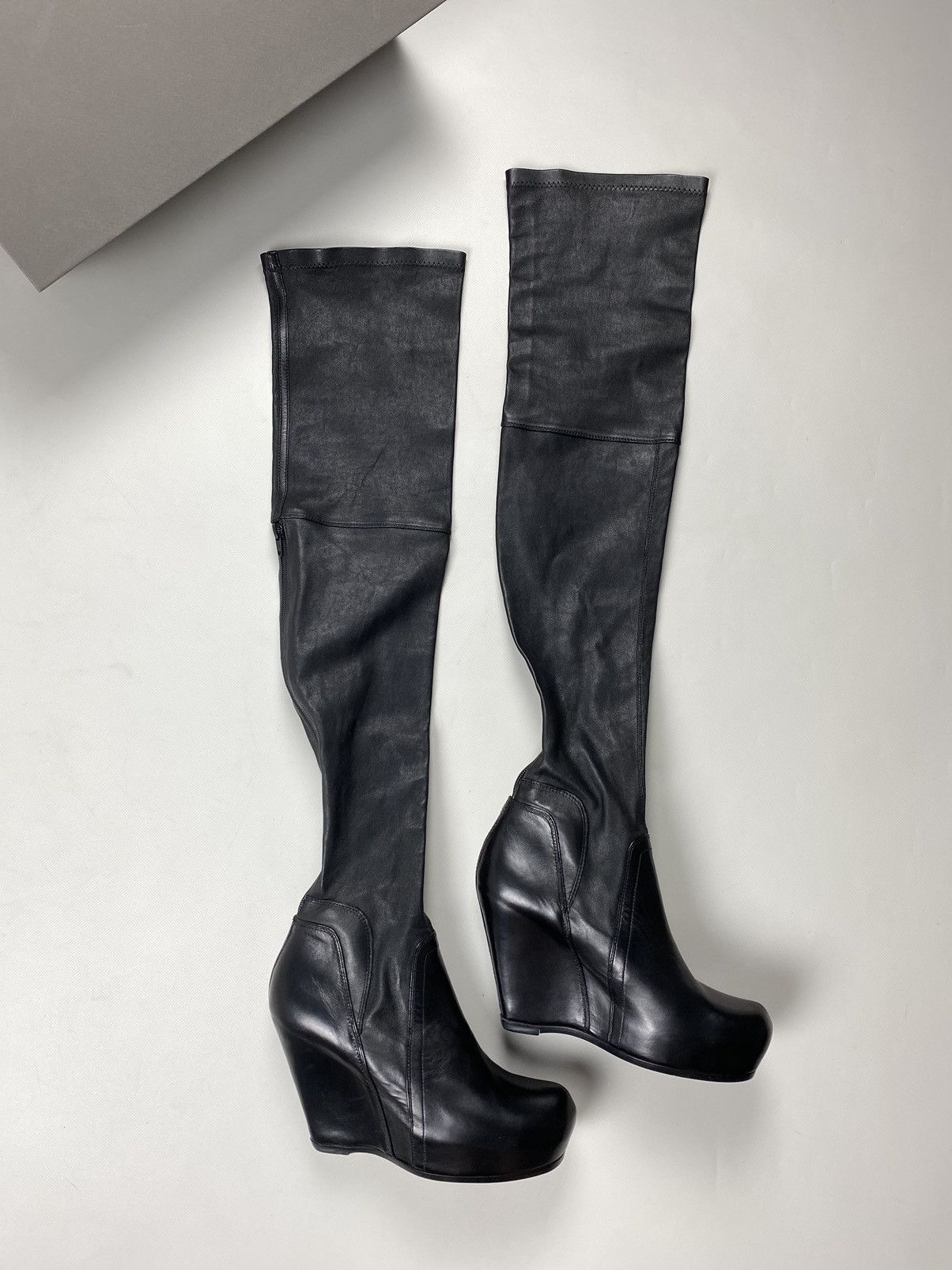 image of Avant Garde x Rick Owens Avant-Garde Over The Knee Leather Platform Boots in Black, Women's (Size 8