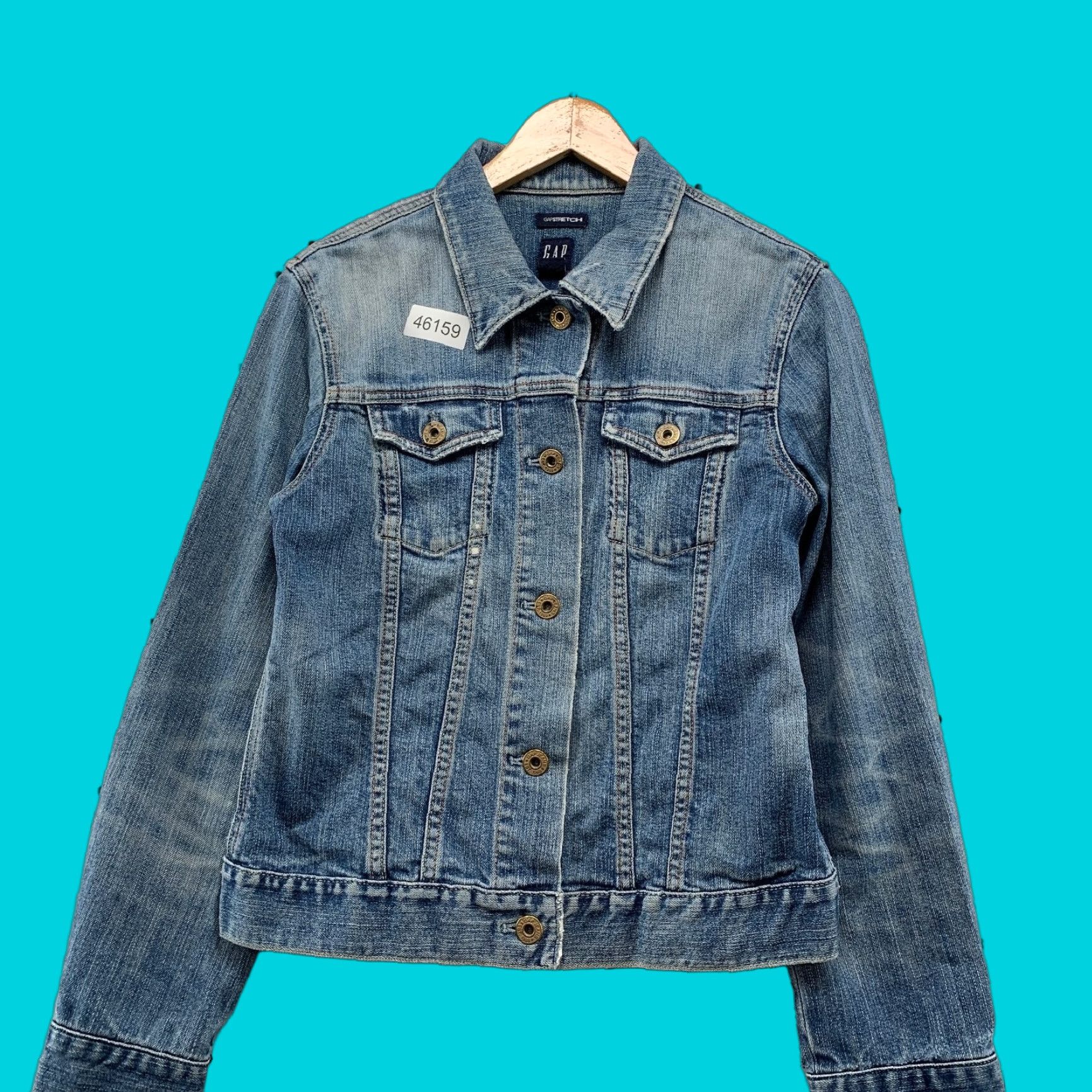 Gap VINTAGE Gap Denim Jacket Womens M Stretch Moto Flap Pocket Trucker Blue Den im Size 32" / US 10 / IT 46 - 1 Thumbnail