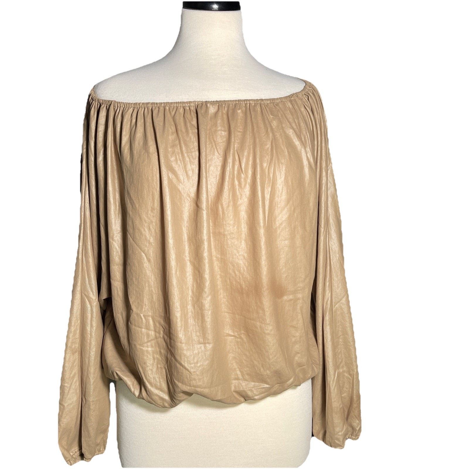 Bcbgmaxazria BCBGMAXAZRIA Tan Blouse Cinched Neck / Off Shoulder SZ M Size M / US 6-8 / IT 42-44 - 1 Thumbnail