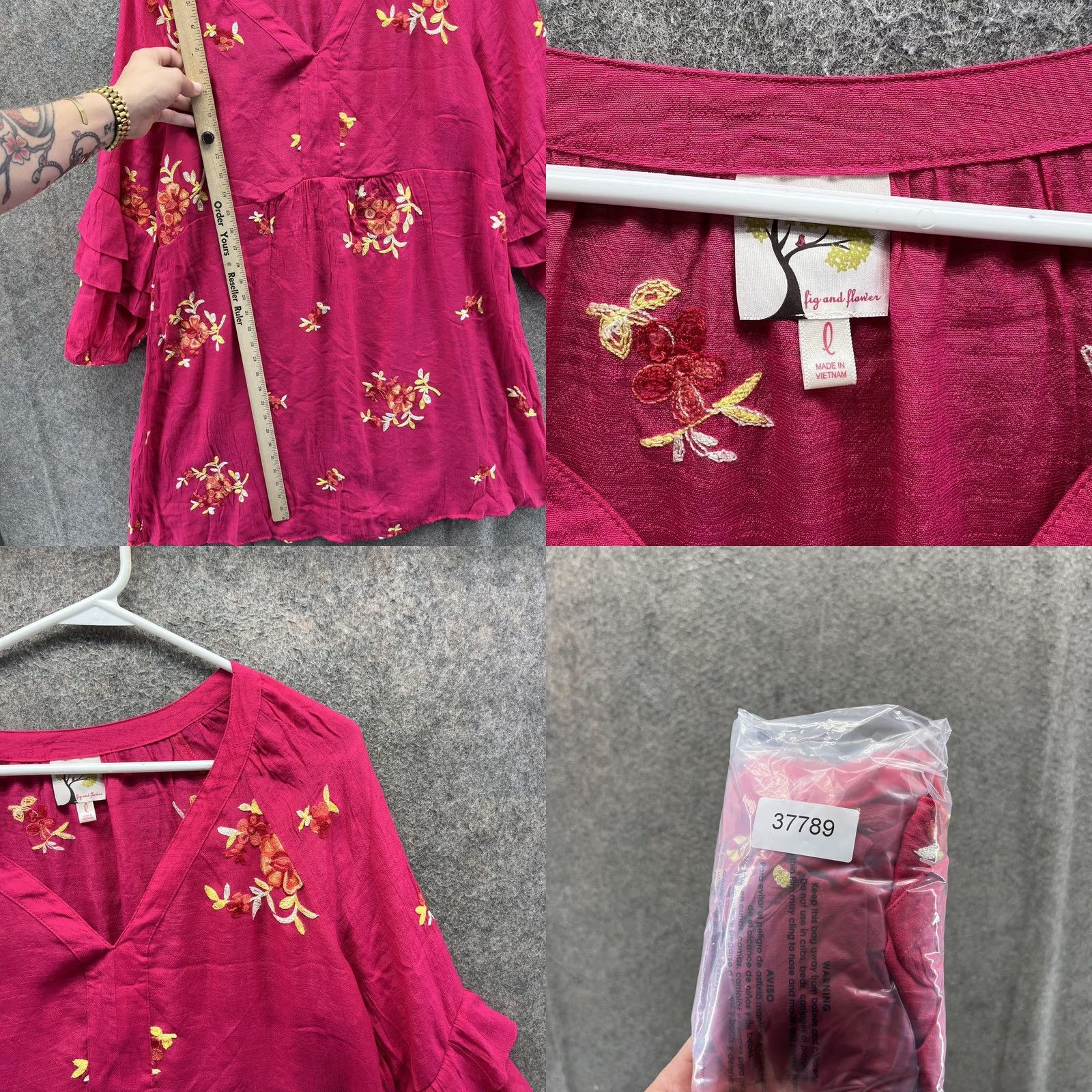 Anthropologie Fig And Flower Shirt Womens Large Pink Anthropologie Floral Ruffle Sleeve Tunic Size L / US 10 / IT 46 - 8 Thumbnail