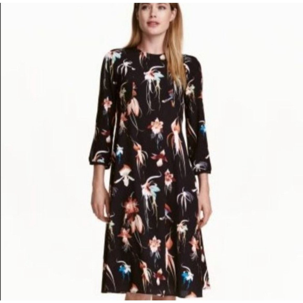 H&M H&M Black Floral Midi Dress Open Back Long Sleeve Flowy Size XS / US 0-2 / IT 36-38 - 1 Thumbnail