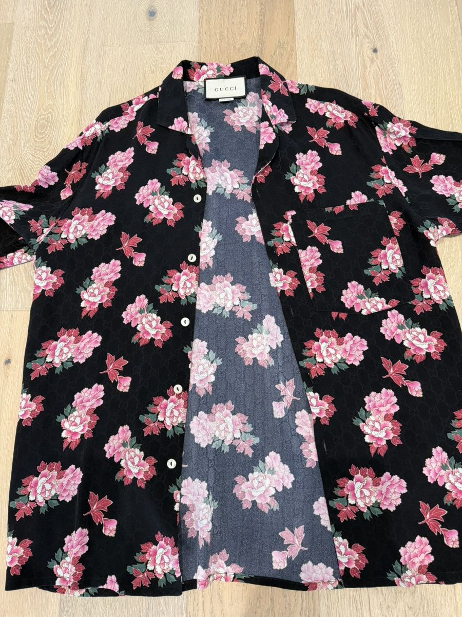Gucci GUCCI Black Silk Peony Print Bowling Shirt Size US S / EU 44-46 / 1 - 3 Thumbnail