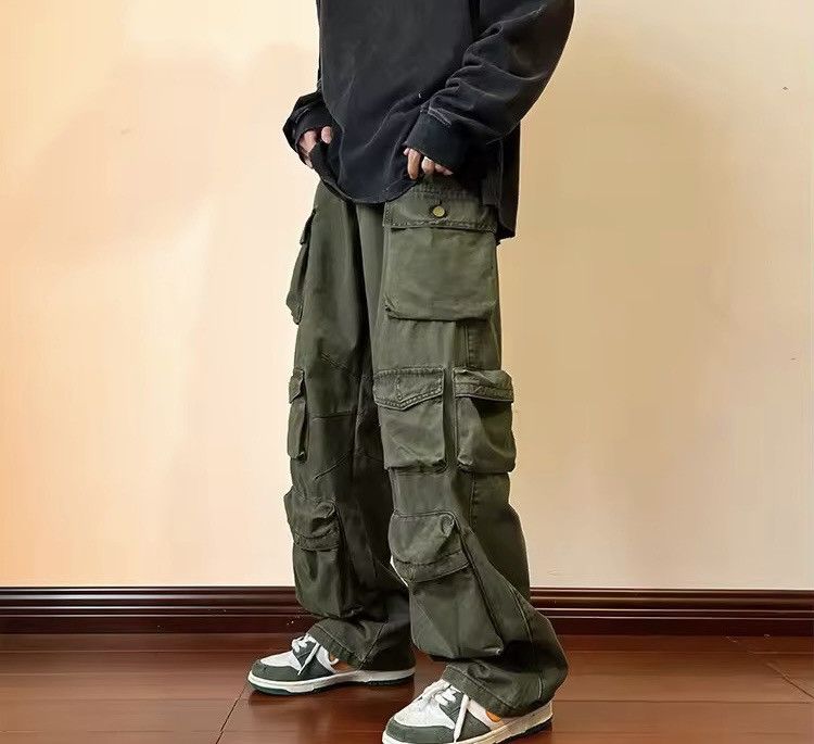 Japanese Brand Olive Green Baggy Cargo Pants - Y2K Skate Streetwear Size US 31 - 3 Thumbnail