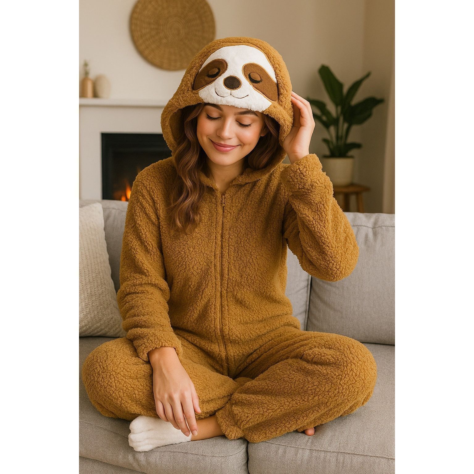Other Cozy Fuzzy Sloth Hooded Onesie Pajamas Brown Secret Treasure Size 23" - 1 Thumbnail