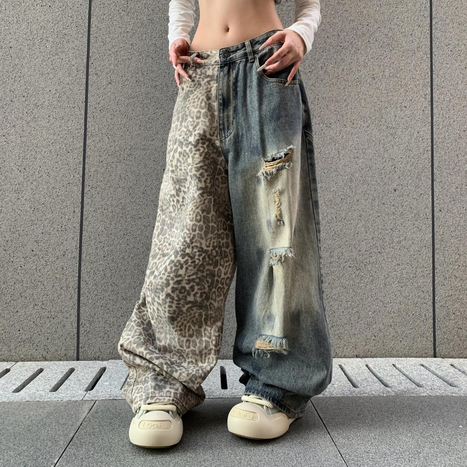 Japanese Brand Two-Tone Distressed Wide Leg Jeans, Leopard Print Denim Size 32" / US 10 / IT 46 - 1 Thumbnail
