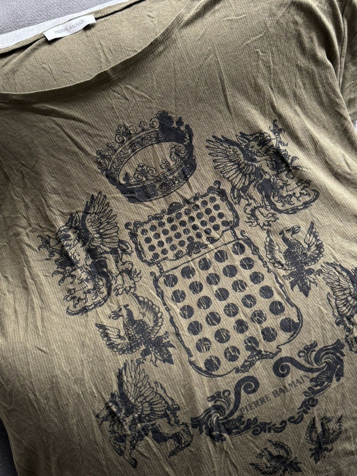 Balmain Rare Pierre Balmain 2012 Graphic Khaki T-Shirt Sz Oversize M Size US M / EU 48-50 / 2 - 3 Thumbnail