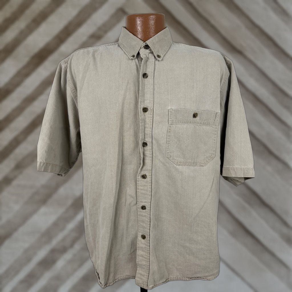 Denime VINTAGE Three Rivers Denim Shirt Men Large Button-Down Heavyweight Cotton Beige 90s Casual Mens Large Denim Shirt Size US L / EU 52-54 / 3 - 1 Thumbnail