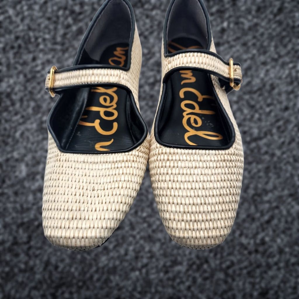 Sam Edelman Sam Edelman Michaela Flats Mary Jane Woven Raffia Beige Womens 9 Square Toe Buckle Strap Leather Trim Leather Insole Flat Size US 9 / IT 39 - 1 Thumbnail