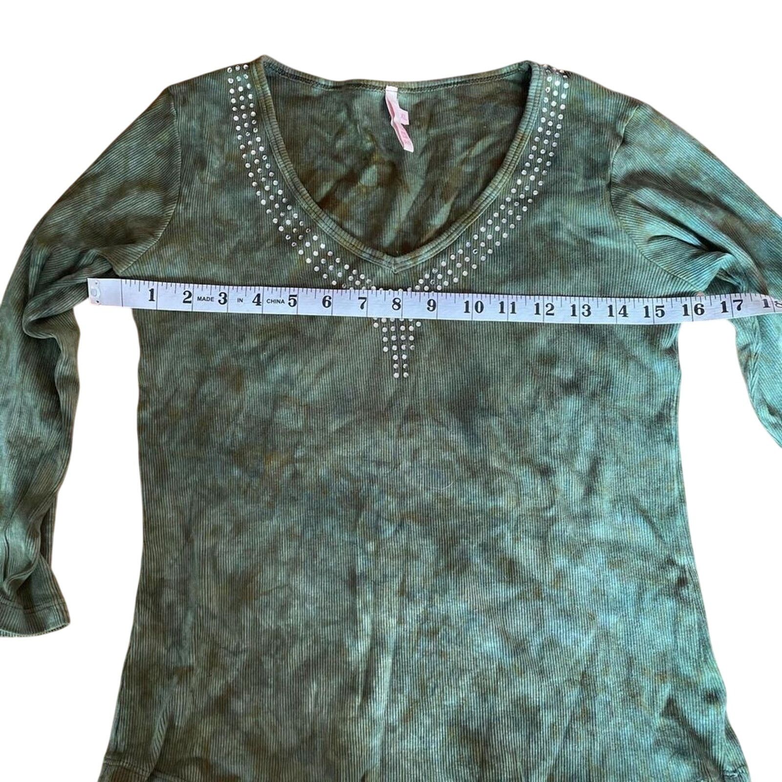 Other Y2K Women's Green Tie Dye Bedazzled 3/4 Sleeve Shirt sz XS Size XS / US 0-2 / IT 36-38 - 6 Thumbnail