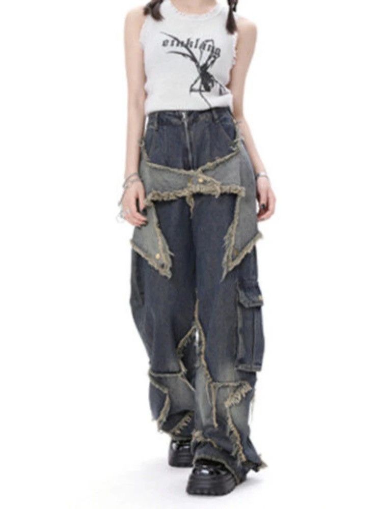 Pants Fashion Contrast Color Star Tassel Jeans
