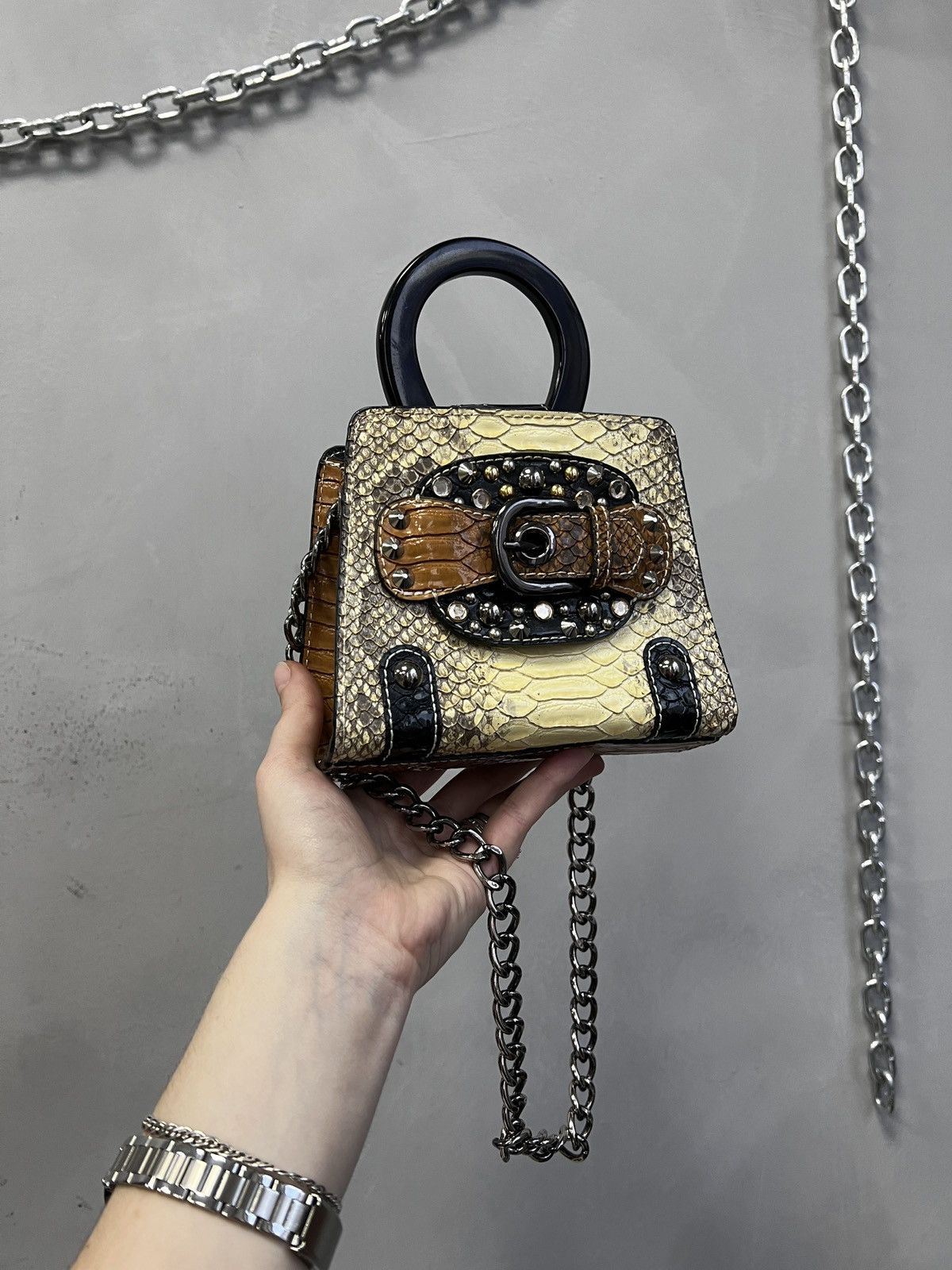 Mini bag crocodile leather studded GUESS metal chain